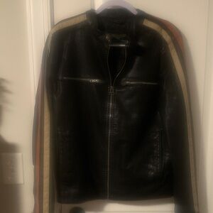 Women’s Wilson’s Black Leather Jacket with Striped Sleeves..size small